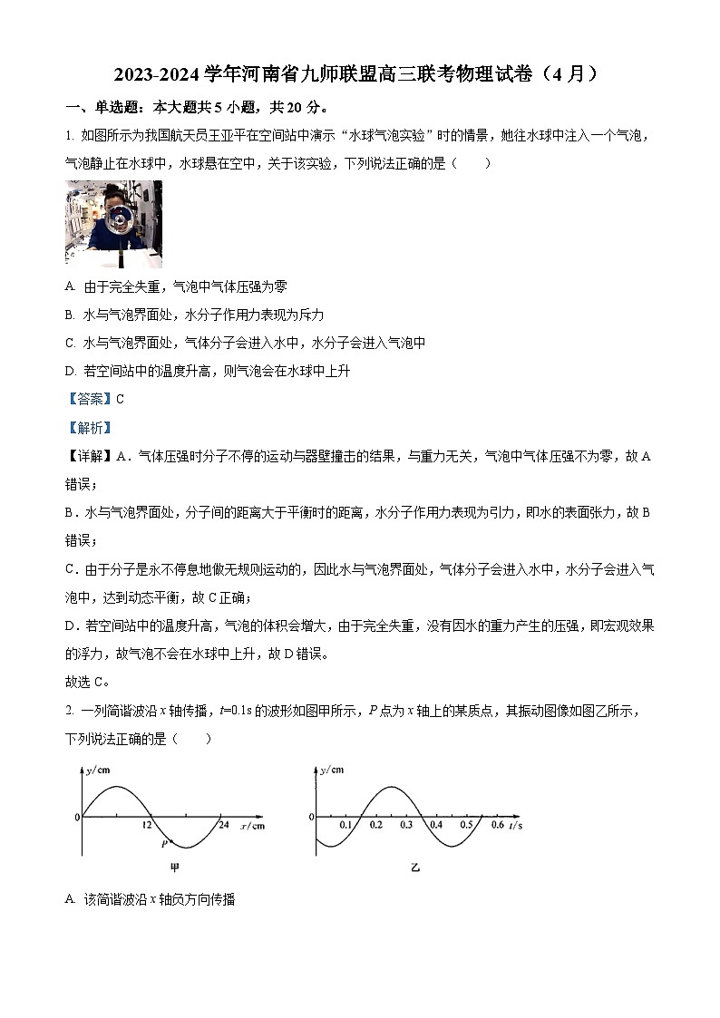 2024届河南省九师联盟高三下学期4月联考（三模）物理试卷（解析版）第1页