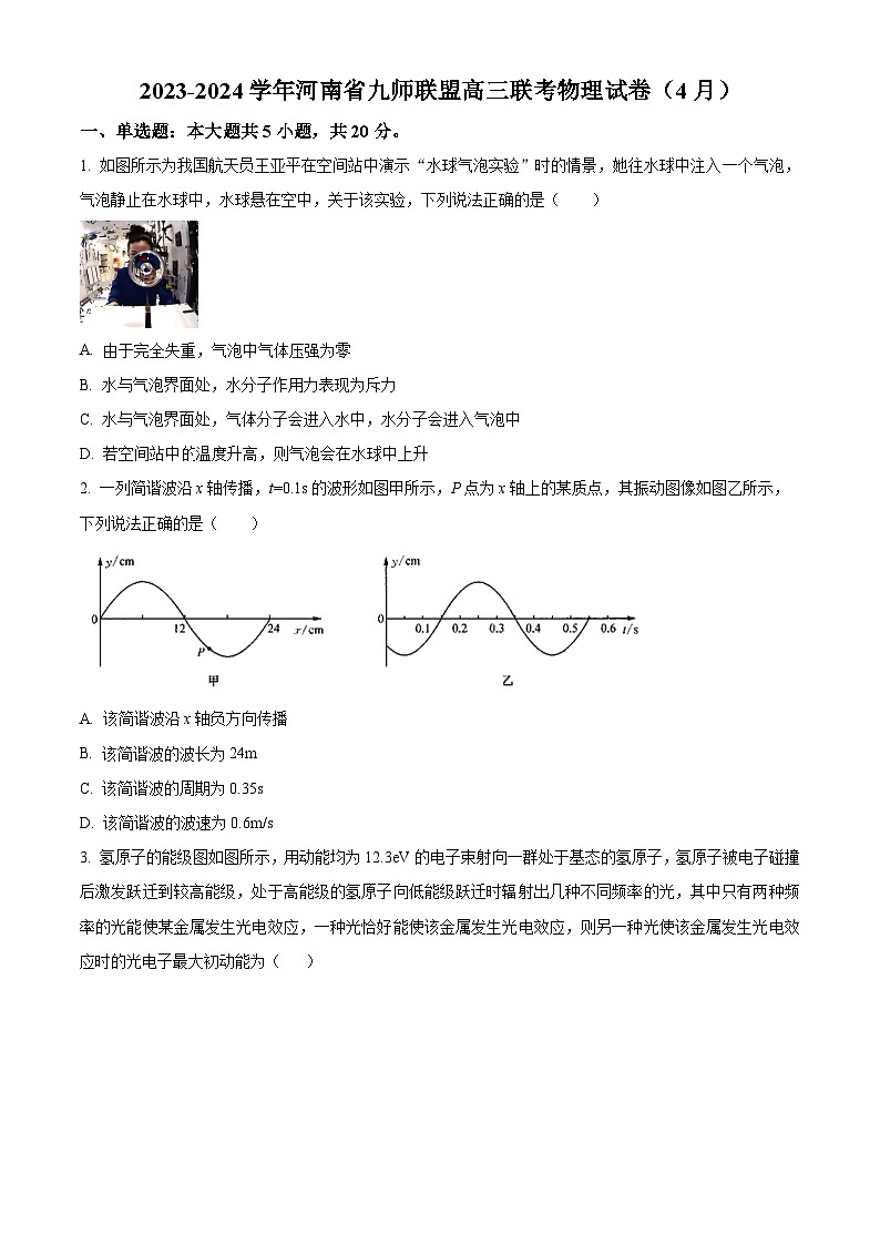 2024届河南省九师联盟高三下学期4月联考（三模）物理试卷（原卷版）第1页