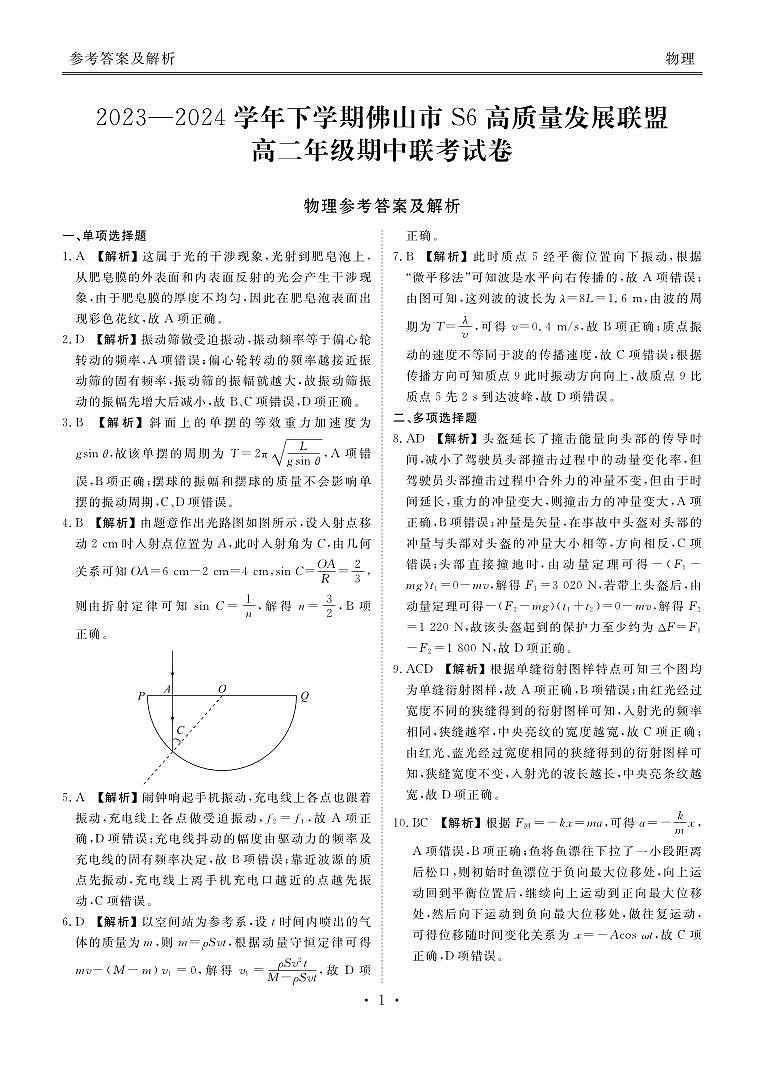 广东佛山S6高质量发展联盟2024年高二下学期期中联考物理试题+答案01