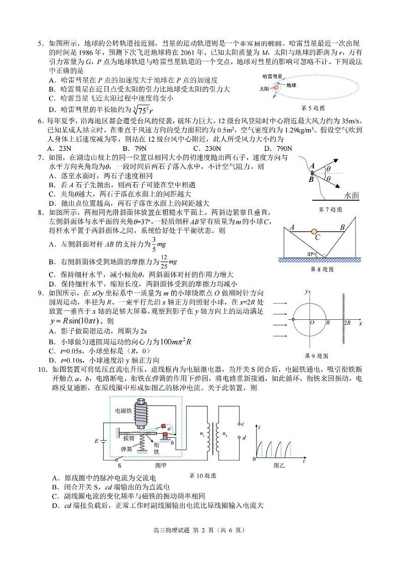 2024年5月浙江省县域教研联盟高三模拟考试物理试卷(含答案)02