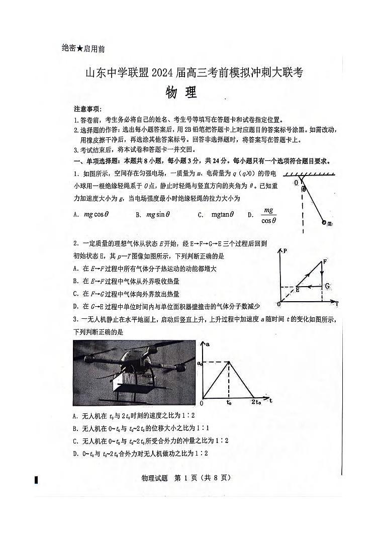 2024届山东中学联盟高三下学期5月考前模拟冲刺大联考物理试卷+答案第1页