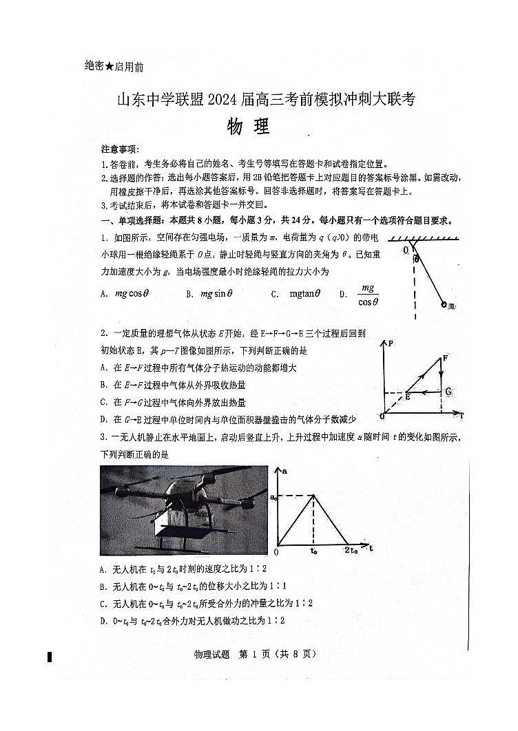 2024届山东省山东中学联盟高三下学期5月考前模拟冲刺大联考物理试题+答案01