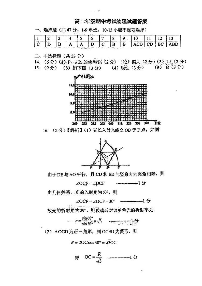 高二年级期中考试物理试题答案第1页