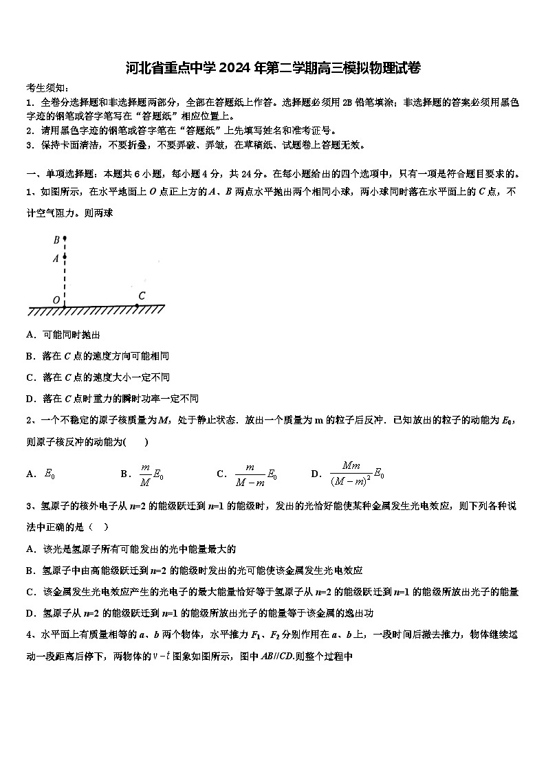 河北省重点中学2024年第二学期高三模拟物理试卷第1页