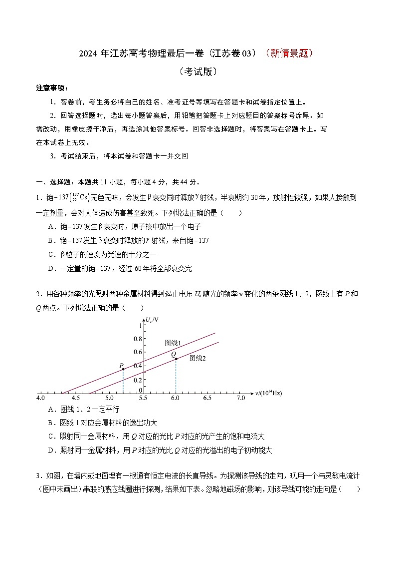 2024年江苏高考物理最后一卷（新情景题）（江苏卷03）（考试版）01