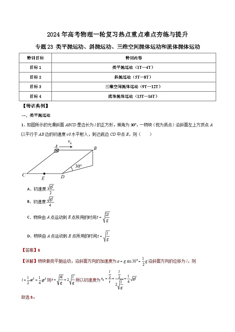 专题23 类平抛运动、斜抛运动、三维空间抛体运动和流体抛体运动-【热重难点】最新高考物理一轮复习热点重点难点夯练与提升01
