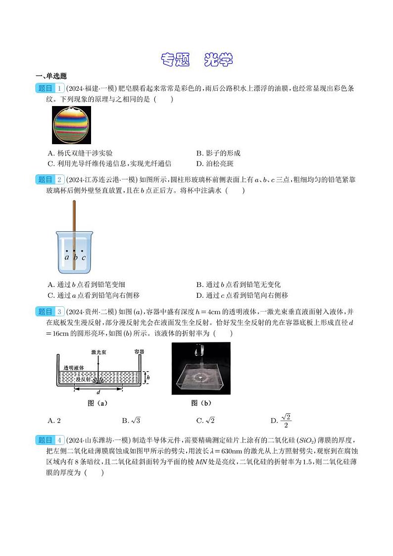 2024届新高考物理冲刺专项训练 光学（原卷版+含解析）01