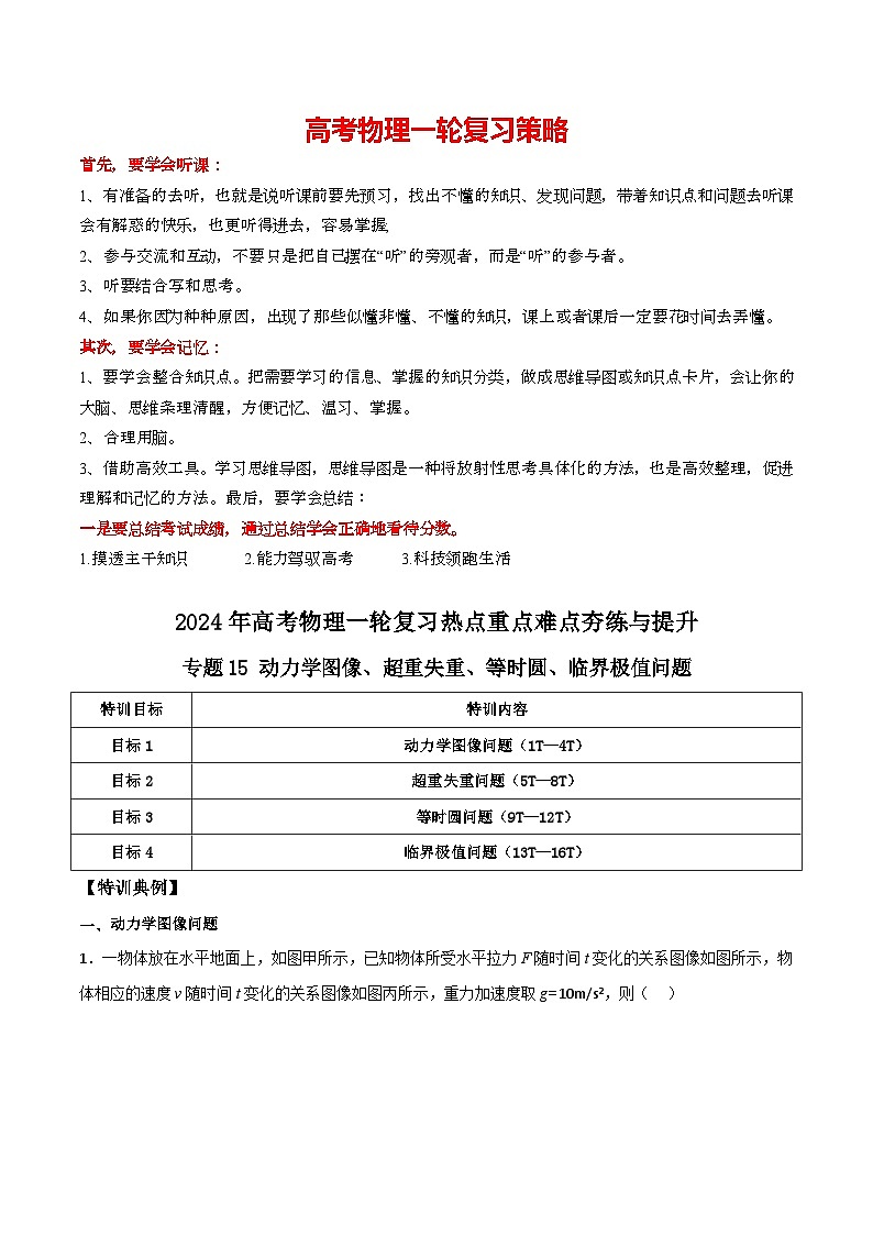 专题15 动力学图像、超重失重、等时圆、临界极值问题-【热重难点】最新高考物理一轮复习讲义01