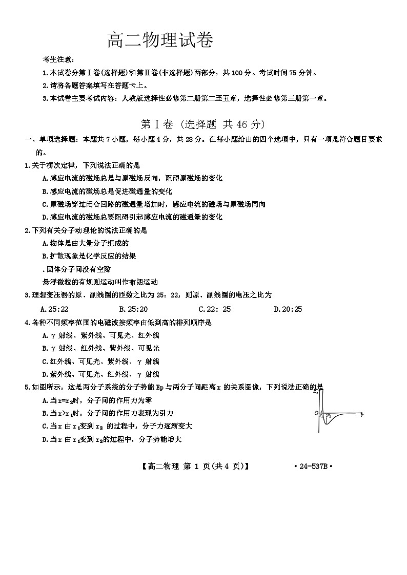 内蒙古赤峰市高二部分学校2023-2024学年高二下学期5月期中联考物理试题01