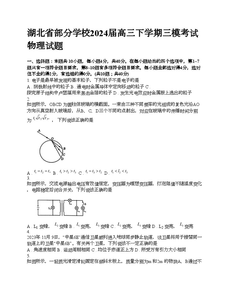 湖北省部分学校2024届高三下学期三模考试物理试题第1页