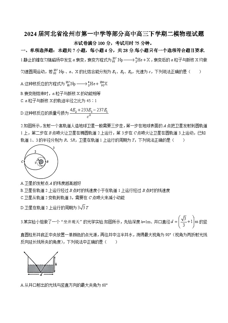 2024届河北省沧州市第一中学等部分高中高三下学期二模物理试题（解析版）01