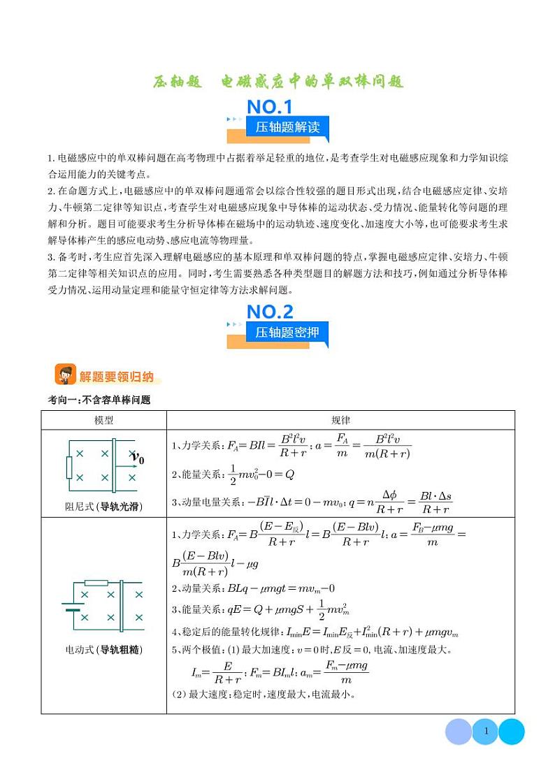 压轴题  电磁感应中的单双棒问题（学生版）第1页