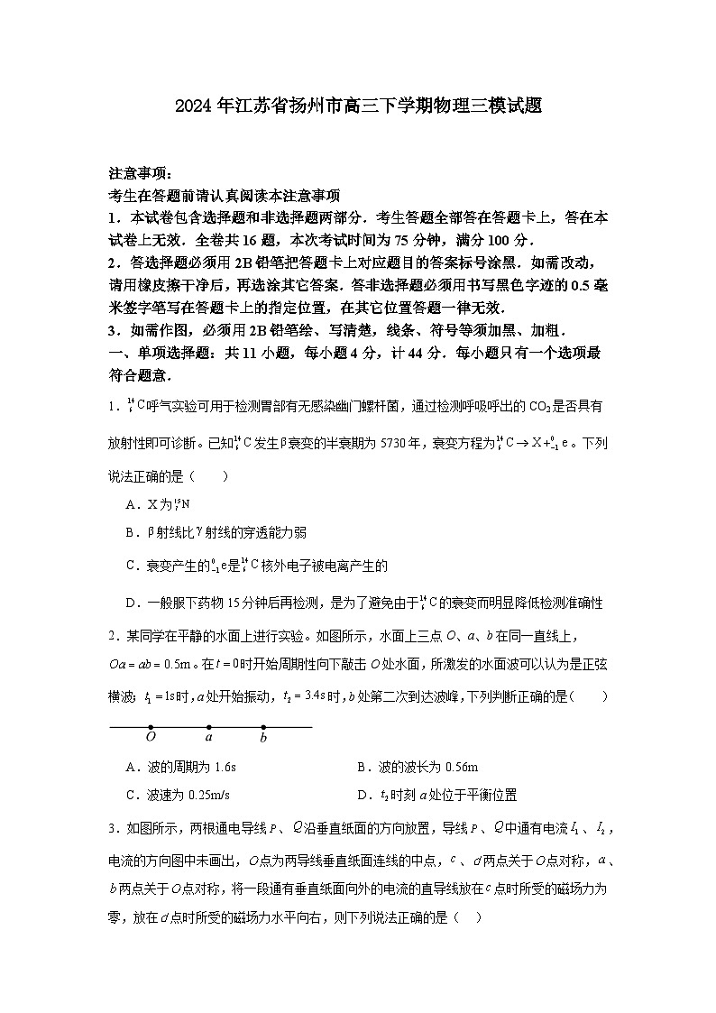 2024届江苏省扬州市高三下学期三模物理试题01