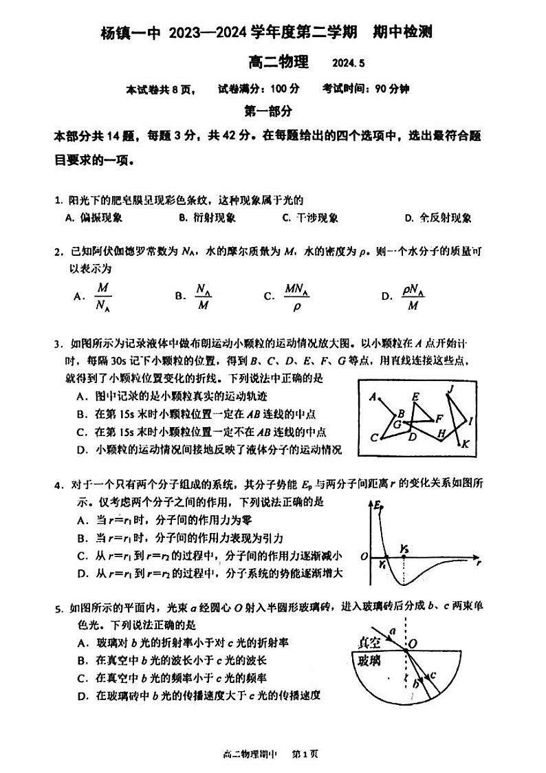 北京市顺义区杨镇第一中学2023-2024学年高二下学期期中物理试卷第1页