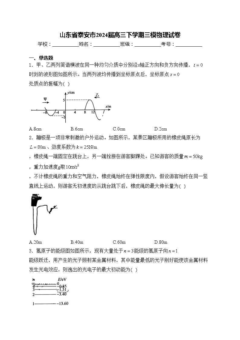 山东省泰安市2024届高三下学期三模物理试卷(含答案)01