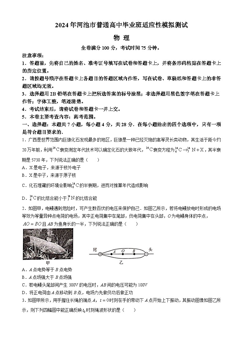 2024河池普通高中高三下学期二模试题物理含解析第1页