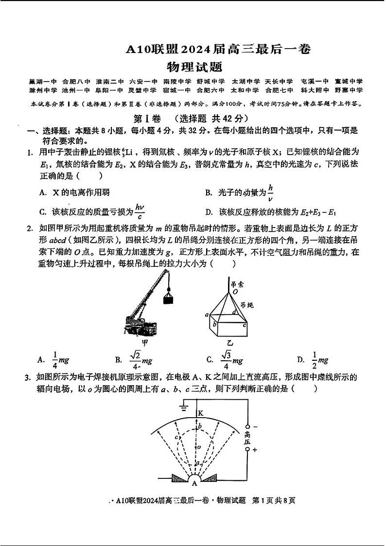 安徽省1号卷A10联盟2024届高三最后一卷物理试题第1页