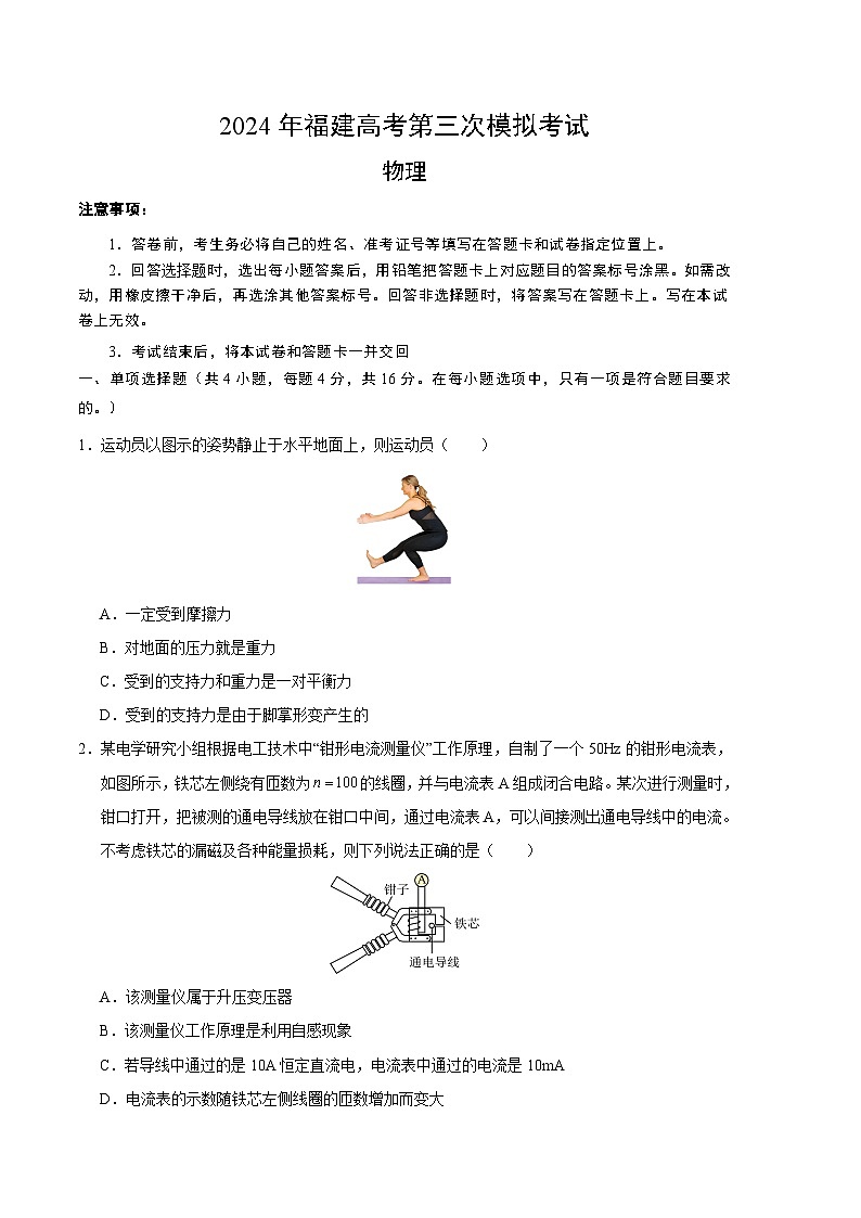 2024年高考第三次模拟考试题：物理（福建卷）（考试版）第1页