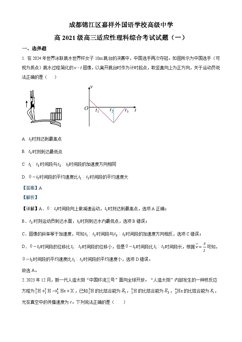 四川省成都锦江区嘉祥外国语高级中学2023-2024学年高三下学期第一次诊断性考试理科综合试题-高中物理 Word版含解析第1页
