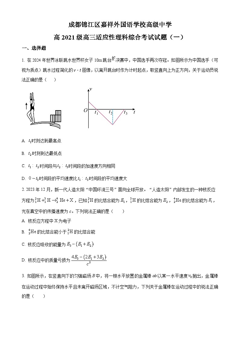四川省成都锦江区嘉祥外国语高级中学2023-2024学年高三下学期第一次诊断性考试理科综合试题-高中物理 Word版无答案第1页
