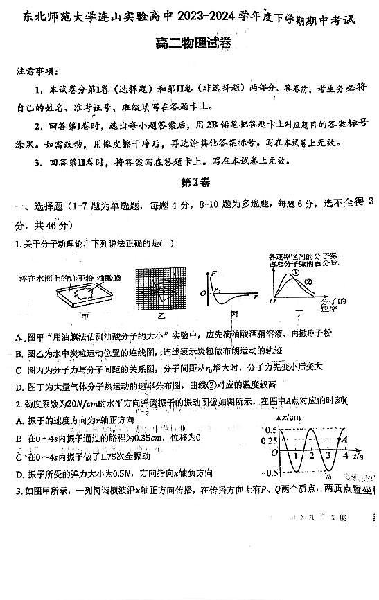辽宁省葫芦岛市东北师范大学连山实验高中2023-2024学年高二下学期5月期中物理试题第1页