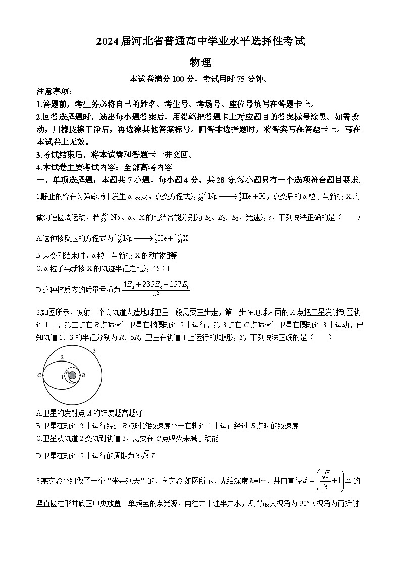 2024沧州部分高中高三下学期二模试题物理含解析01