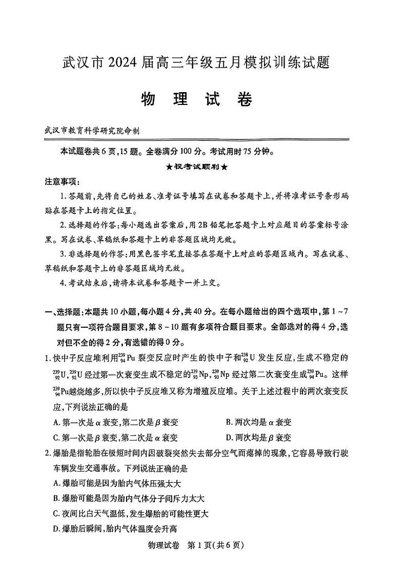 武汉市2024届高三年级五月模拟训练物理试题第1页