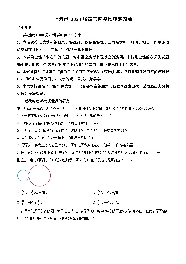 193，上海市2023-2024学年高三下学期2月开学考试物理试题01