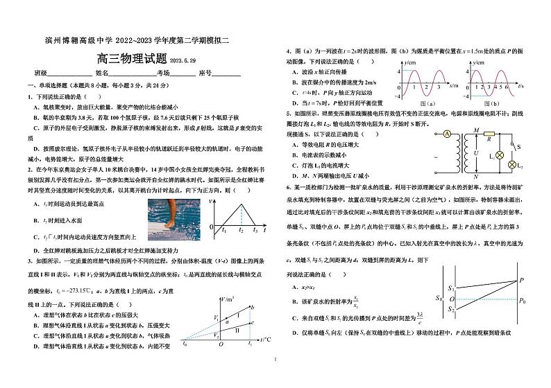 2023届山东省滨州市博翱高级中学高三下学期5月模拟考试二物理试题第1页