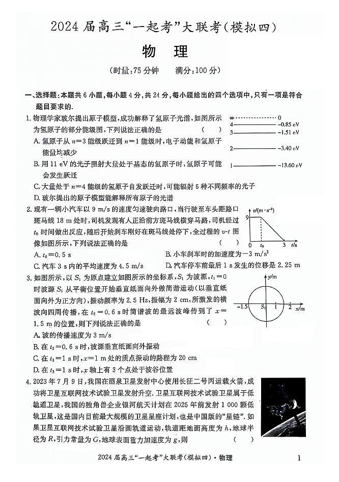 2024届湖南一起考大联考高三下学期模拟考试物理试题（四）+答案01