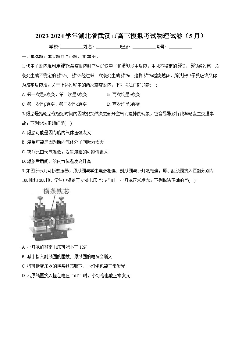 2023-2024学年湖北省武汉市高三模拟考试物理试卷（5月）01