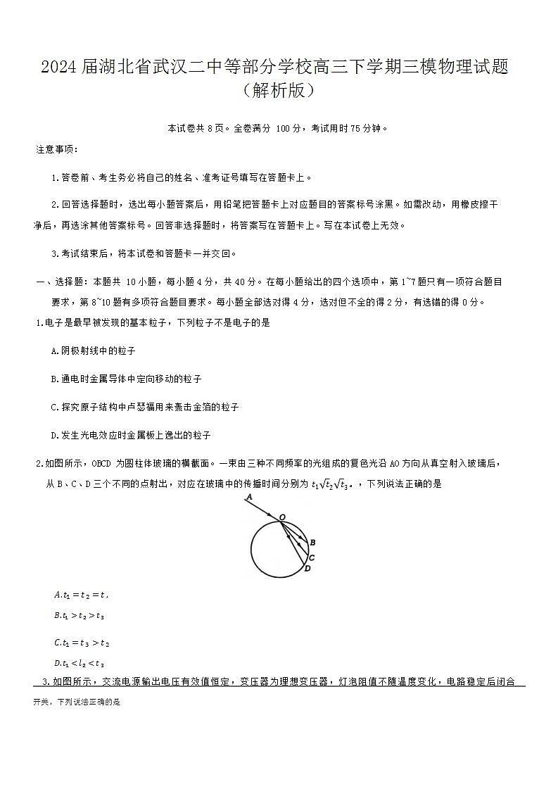 2024届湖北省武汉二中等部分学校高三下学期三模物理试题 （解析版）01
