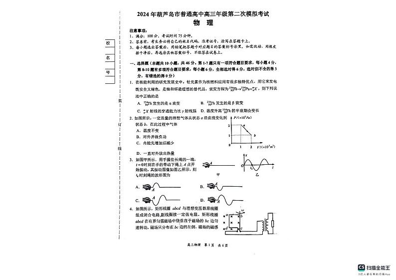 2024届辽宁省葫芦岛市高三下学期二模物理试题第1页