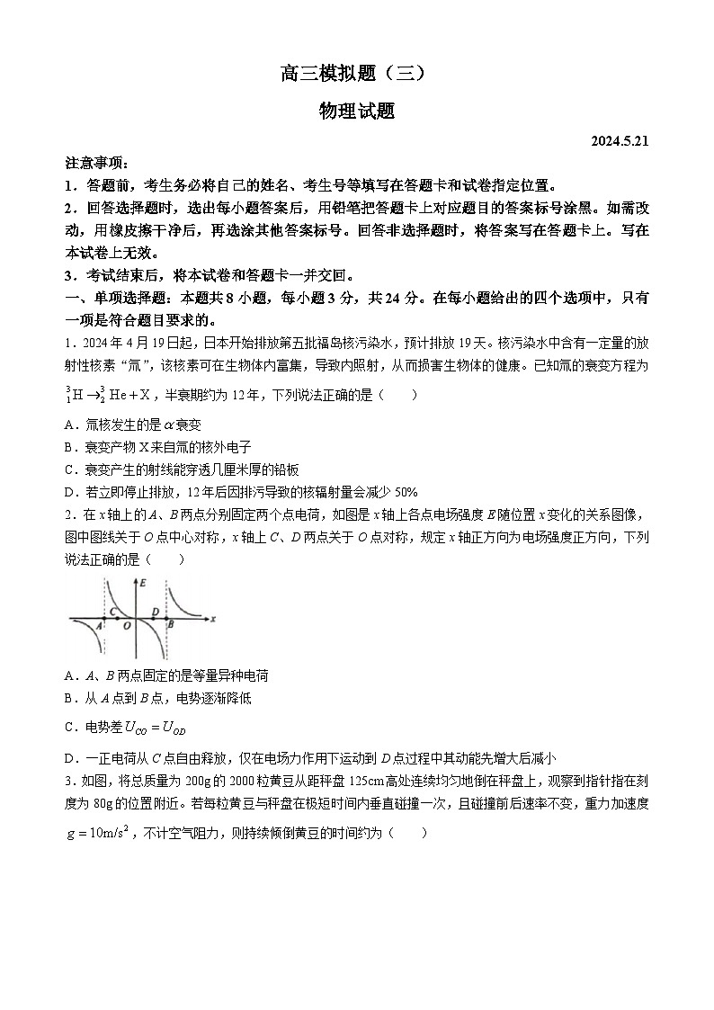 2024届山东省菏泽市高三下学期模拟预测物理试题（三）(无答案)01