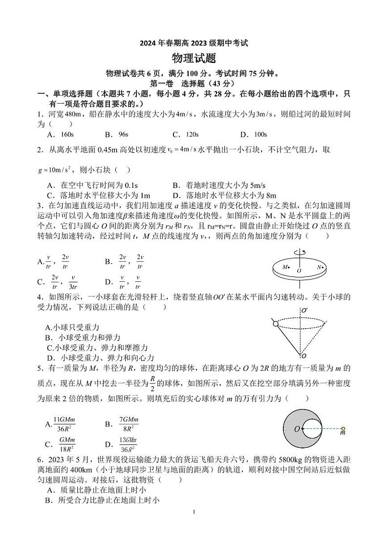 2024年春期高2023级高一期中考试物理试题第1页