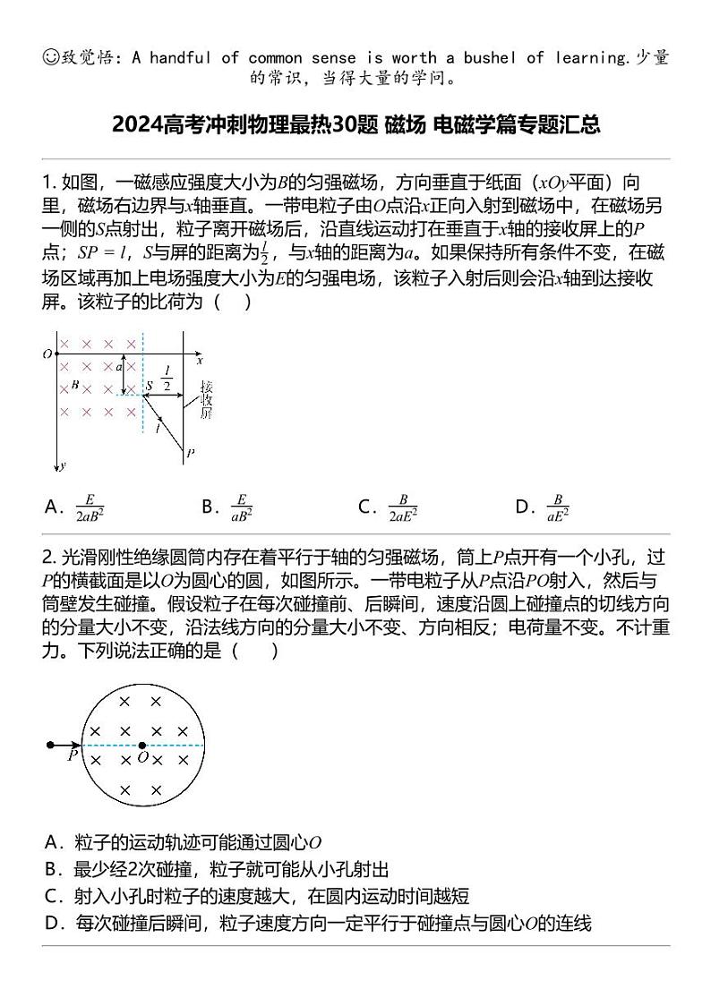 2024高考冲刺物理最热30题 磁场 电磁学篇专题汇总01
