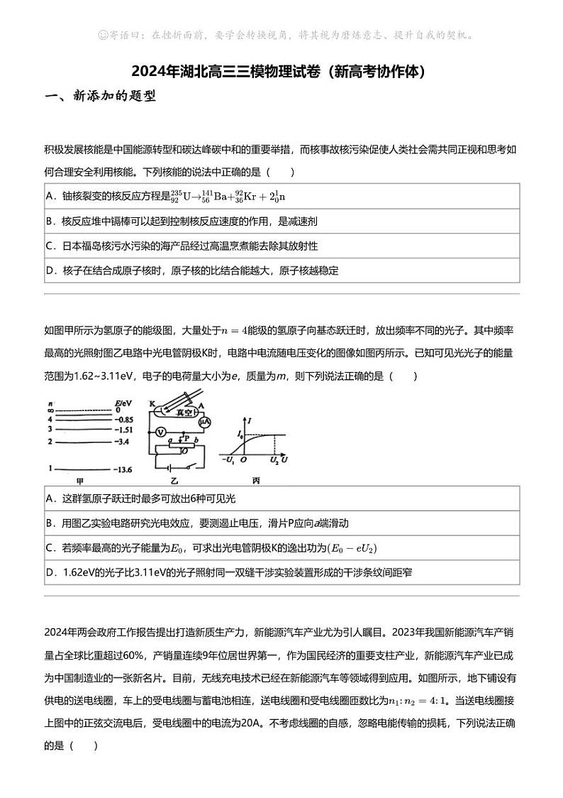 2024年湖北高三三模物理试卷（新高考协作体）第1页