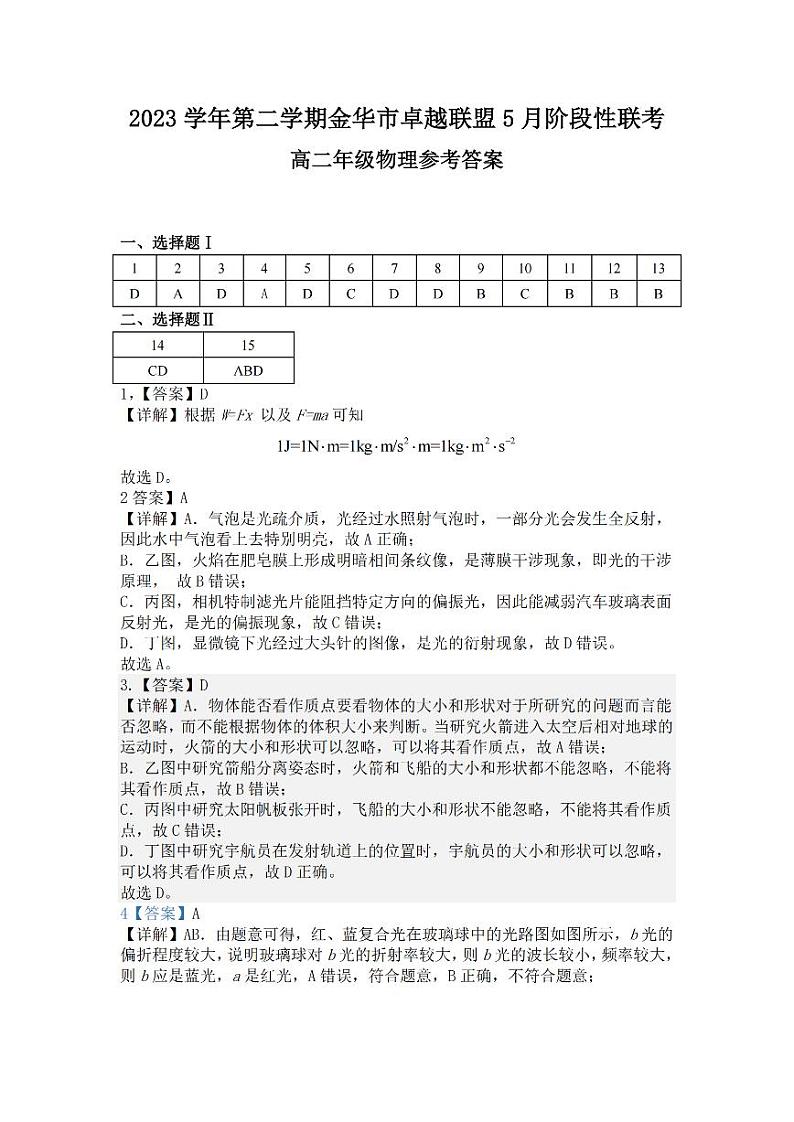 浙江卓越联盟2024年高二下学期5月期中物理试题+答案01
