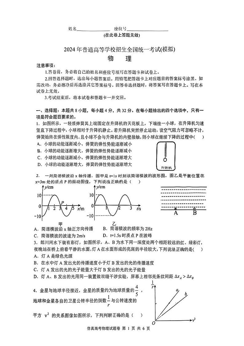 2024届安徽省部分学校高三下学期统一模拟考试（三模）物理试题第1页
