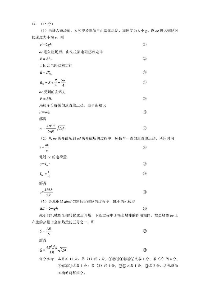 湖北省武汉市2024届高三年级五月模拟训练物理试题答案第2页