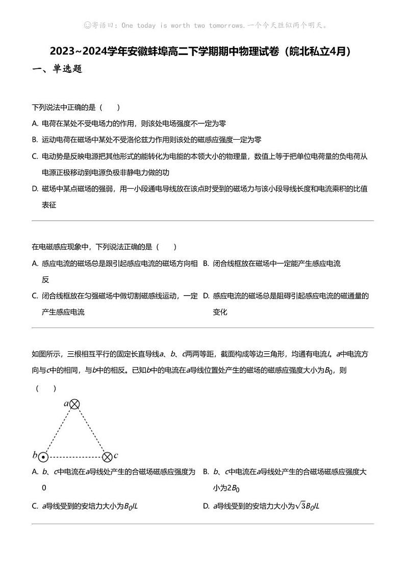 2023_2024学年安徽蚌埠高二下学期期中物理试卷（皖北私立4月）01