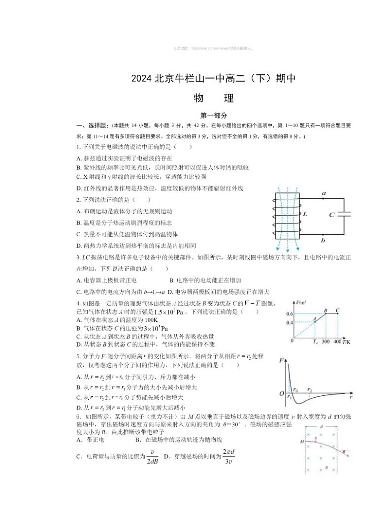 2024北京牛栏山一中高二下学期期中物理试卷及答案01