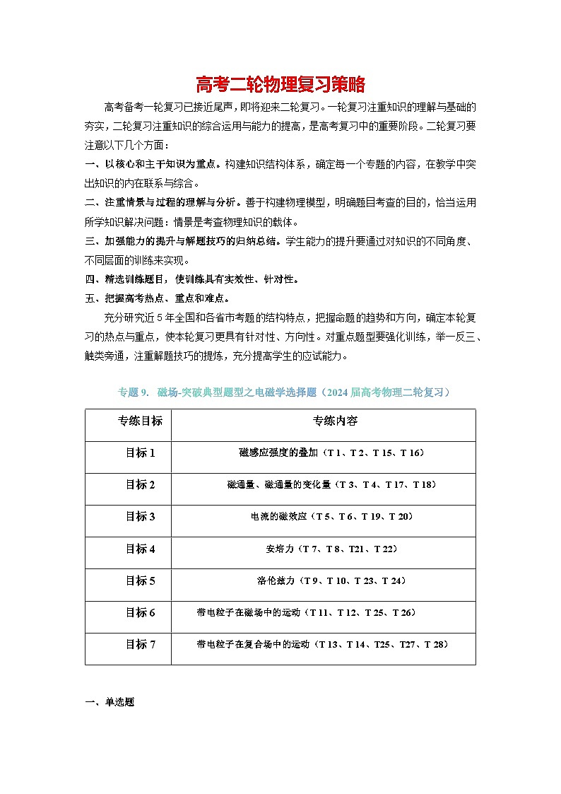 专题09+磁场（原卷版）-【典型题型】2024年高考物理二轮复习突破典型题型之选择题17第1页