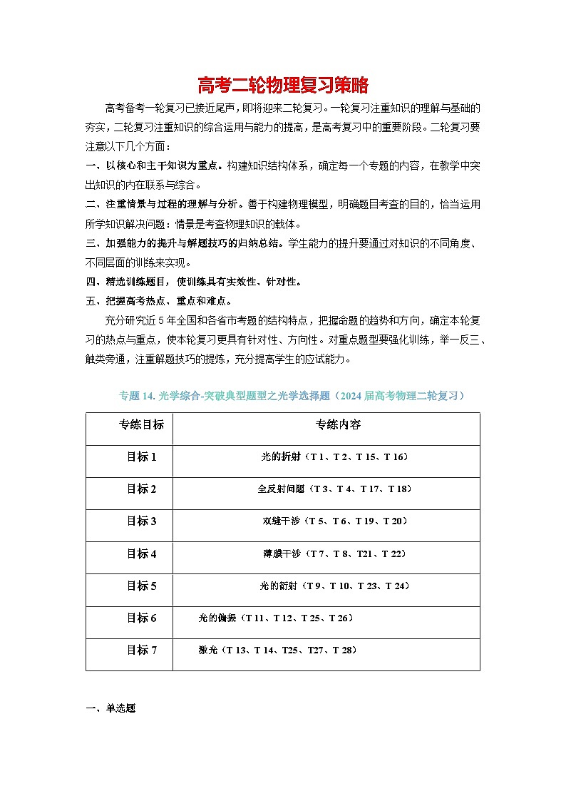 专题14 光学综合-【典型题型】2024年高考物理二轮复习突破典型题型之选择题01