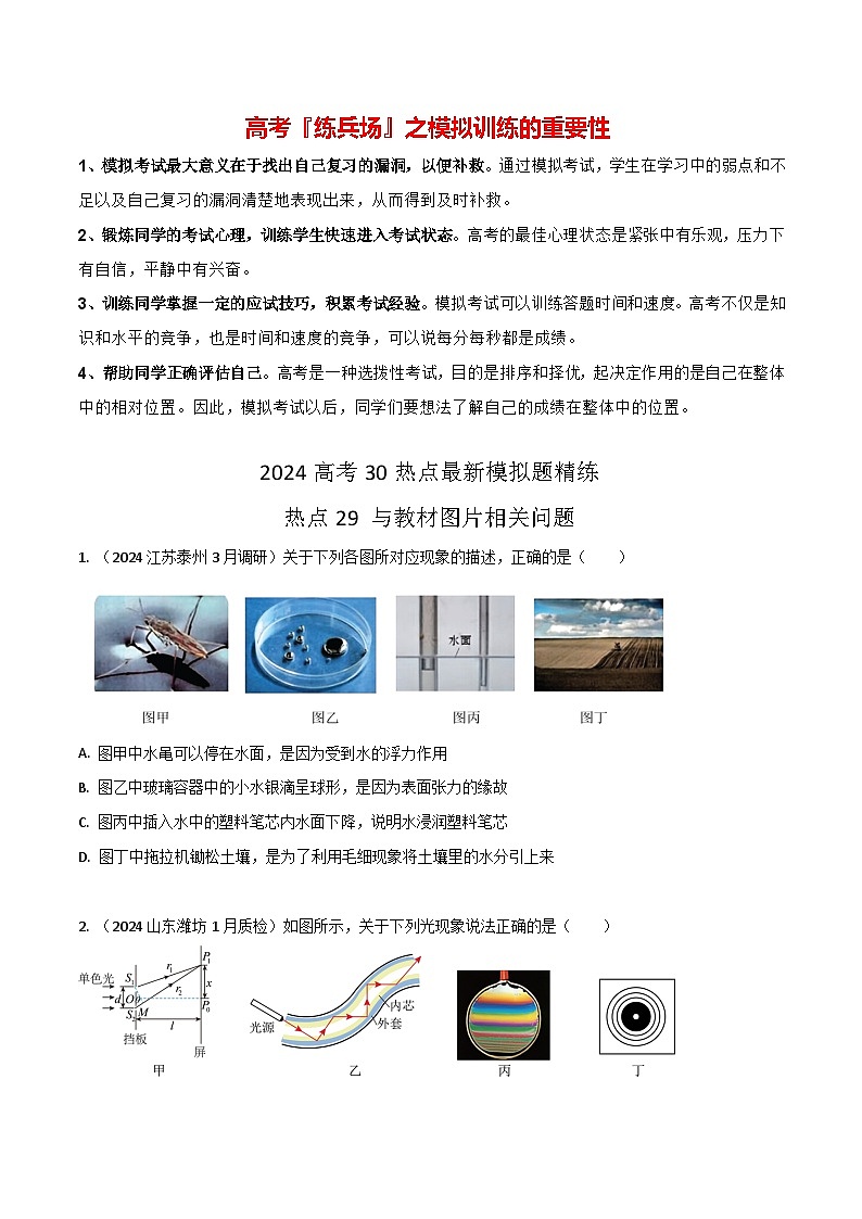 热点29 与教材图片相关问题-【模拟精炼】2024年高考物理30热点最新模拟题精练01