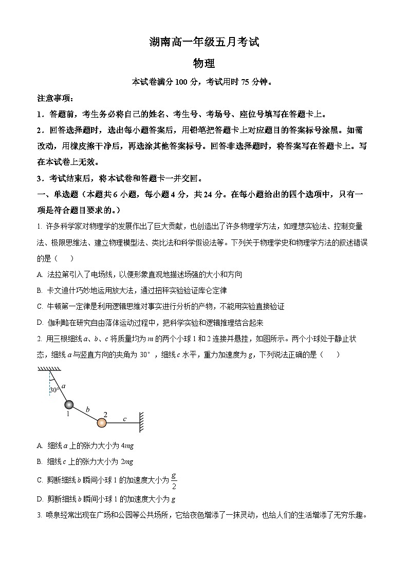 湖南省2023-2024学年高一下学期5月联考物理试题（原卷版+解析版）01