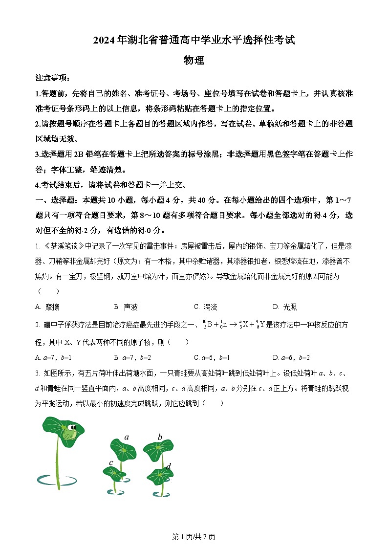 2024年高考真题湖北卷物理试卷及答案解析01