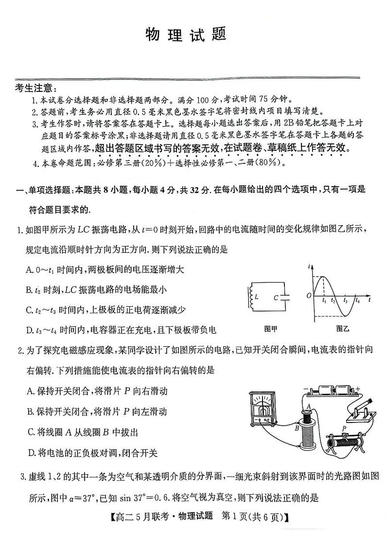 安徽省皖东县中联盟2023-2024学年高二下学期5月月考物理试题01