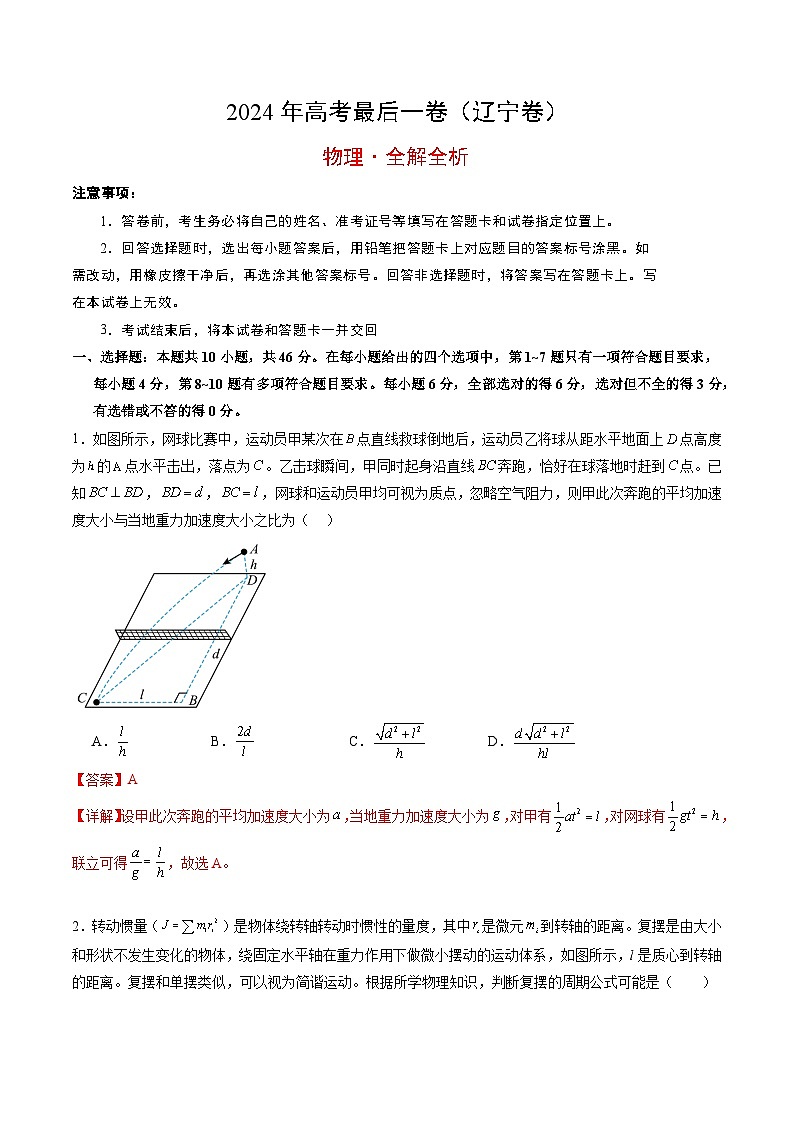 2024年高考物理最后一卷（辽宁卷）（全解全析）第1页