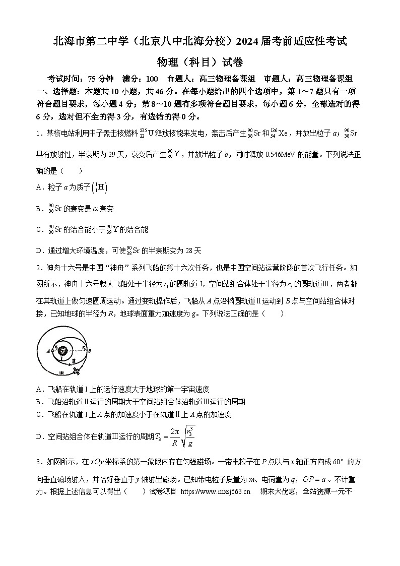 46，2024届广西北海市第二中学高三下学期适应性考试（三模）物理试题(无答案)01